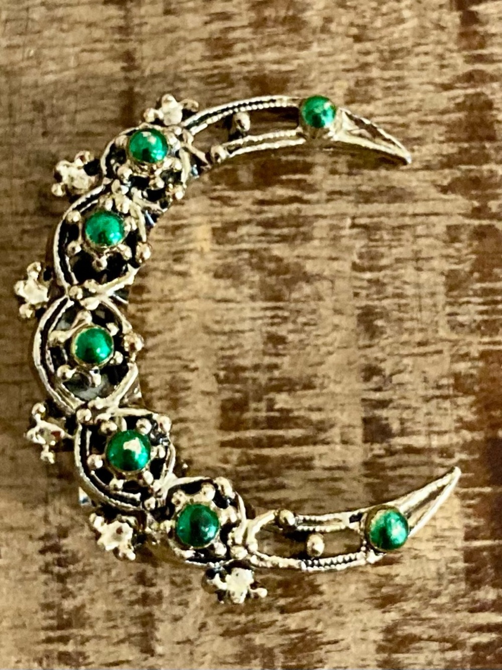 Gold Tone and Green Enamel Crescent Brooch